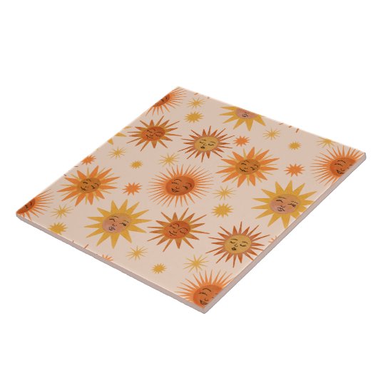 Sun Face Oranje Waterverf Illustratie Tegeltje (Zijkant)