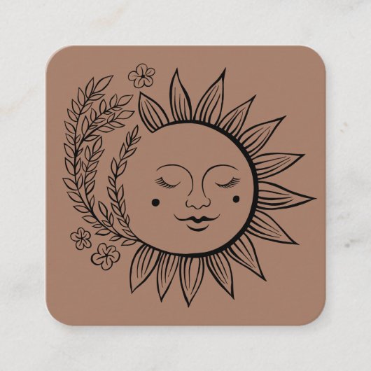 Sun Floral Boho Line Art Elegant QR Code Mocha Vierkante Visitekaartje (Voorkant)