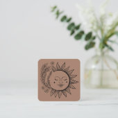 Sun Floral Boho Line Art Elegant QR Code Mocha Vierkante Visitekaartje (Staand voorkant)
