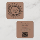 Sun Floral Boho Line Art Elegant QR Code Mocha Vierkante Visitekaartje (Voorkant / Achterkant)