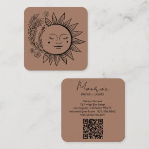 Sun Floral Boho Line Art Elegant QR Code Mocha Vierkante Visitekaartje