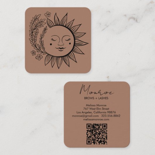 Sun Floral Boho Line Art Elegant QR Code Mocha Vierkante Visitekaartje (Voorkant / Achterkant)