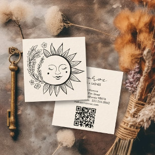 Sun Floral Boho Line Art Elegante QR Code Cream Vierkante Visitekaartje