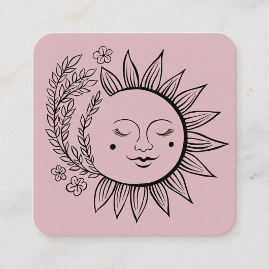 Sun Floral Boho Line Art Elegante QR Code Roze Vierkante Visitekaartje (Voorkant)