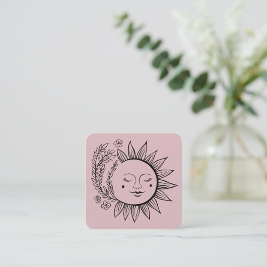 Sun Floral Boho Line Art Elegante QR Code Roze Vierkante Visitekaartje (Staand voorkant)