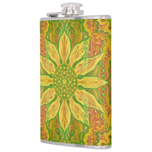 Sun Flower bohemian floral art yellow green sinaas Heupfles (Links)