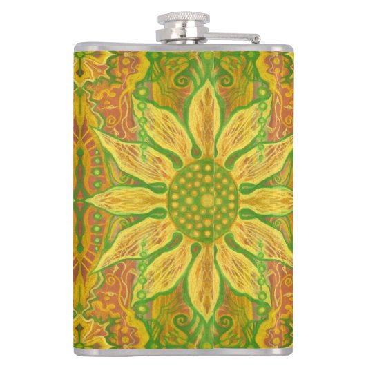 Sun Flower bohemian floral art yellow green sinaas Heupfles (Achterkant)