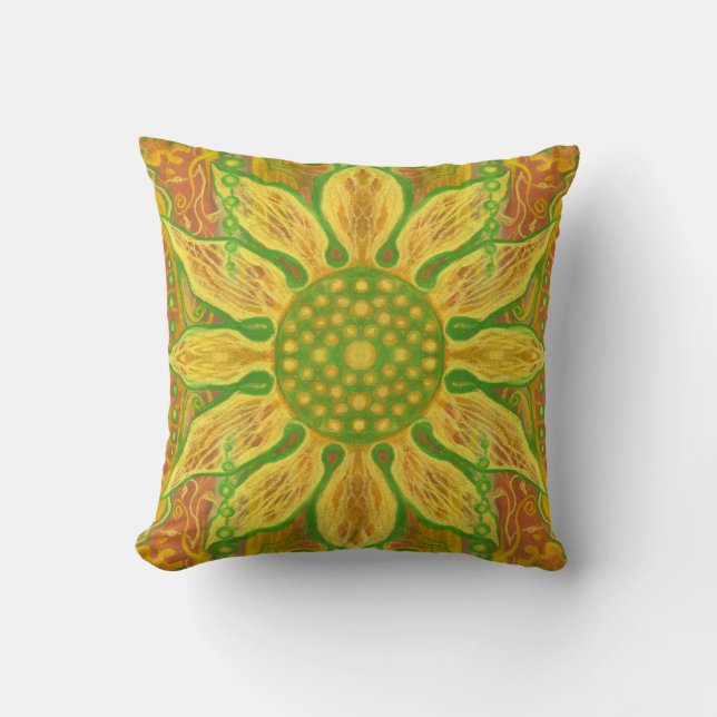 Sun Flower bohemian floral art yellow green sinaas Kussen (Voorkant)