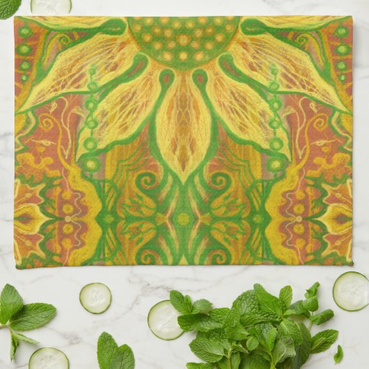 Sun Flower bohemian floral art yellow green sinaas Theedoek (Gevouwen)