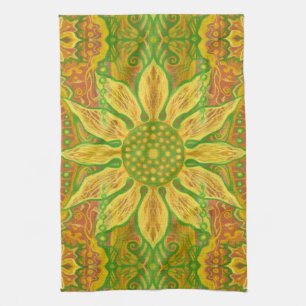 Sun Flower bohemian floral art yellow green sinaas Theedoek