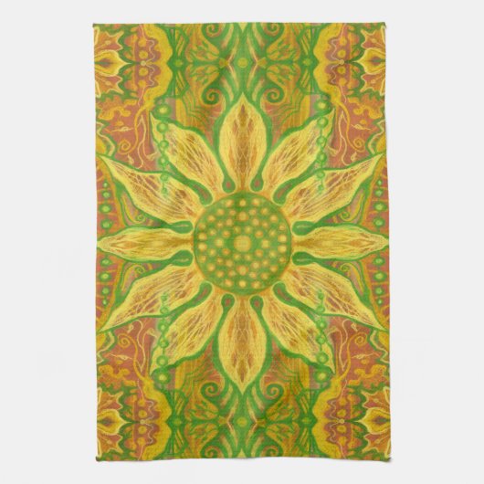 Sun Flower bohemian floral art yellow green sinaas Theedoek (Verticaal)