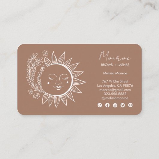 Sun Flower Boho Line Art Elegant Mocha Sociaal Ico Visitekaartje (Achterkant)