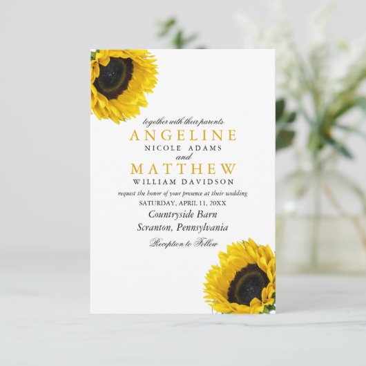 Sun Flower Floral Elegant Waterverf Wedding Kaart (Staand voorkant)