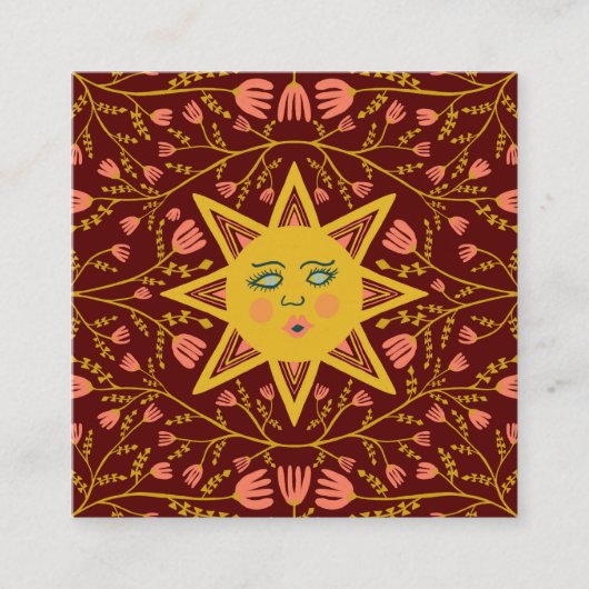 Sun & Flowering Vines Elegant Boho Burgundy Vierkante Visitekaartje (Voorkant)