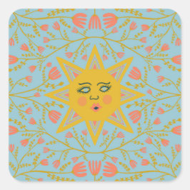 Sun & Flowering Vines Pattern Blue Vierkante Sticker