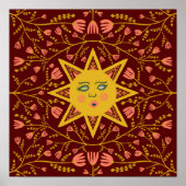 Sun & Flowering Vines Pattern Boho Burgundy Poster (Voorkant)