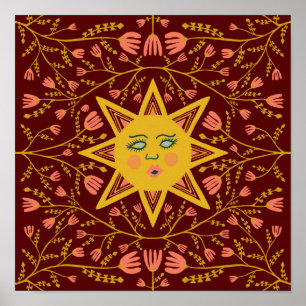 Sun & Flowering Vines Pattern Boho Burgundy Poster