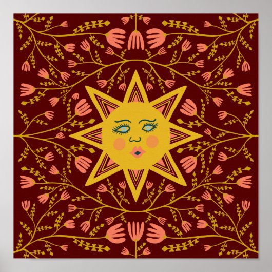 Sun & Flowering Vines Pattern Boho Burgundy Poster (Voorkant)