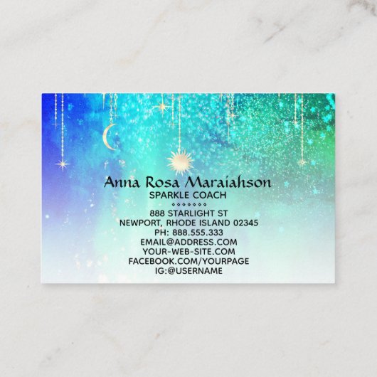 *~* Sun Gold Stars Sparkle Moon Celestial Rainbow  Visitekaartje (Achterkant)