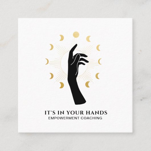 *~* Sun Hand Moon Phases Black Gold Cosmic Energy  Vierkante Visitekaartje (Voorkant)