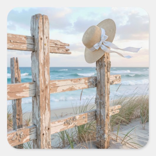 Sun Hat On a Beach Fence Vierkante Sticker (Voorkant)