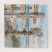 Sun Hat On Rustic Beach Fence Post Legpuzzel (Horizontaal)