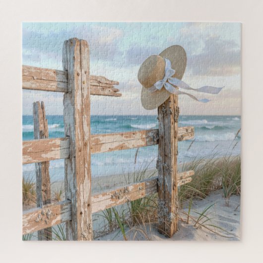 Sun Hat On Rustic Beach Fence Post Legpuzzel (Verticaal)