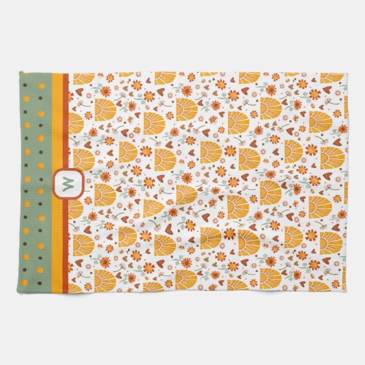 Sun Hearts Fun Chic Pattern Monogram Initiaal Theedoek (Horizontaal)