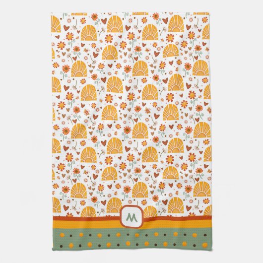 Sun Hearts Fun Chic Pattern Monogram Initiaal Theedoek (Verticaal)