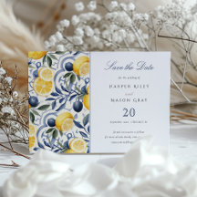 Sun-Kissed Citrus Blue Tegel Save the Date Kaart
