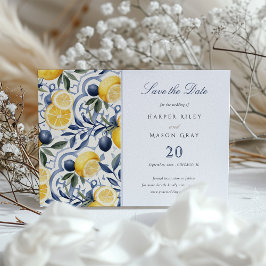 Sun-Kissed Citrus Blue Tegel Save the Date Kaart