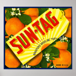 Sun-Label Merk Sinaasappel Fruit Crate Label Poster