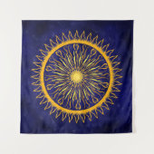 Sun Mandala Gold Oranje op Celestial Blue Wandkleed (Voorkant (horizontaal))