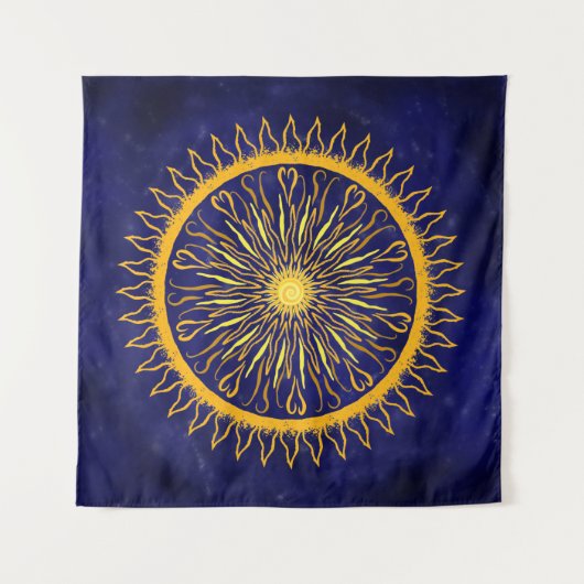 Sun Mandala Gold Oranje op Celestial Blue Wandkleed (Voorkant (horizontaal))