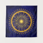 Sun Mandala Gold Oranje op Celestial Blue Wandkleed (Voorkant)