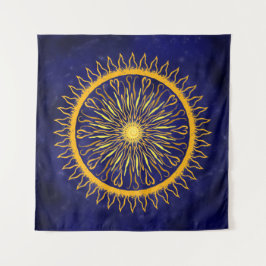 Sun Mandala Gold Oranje op Celestial Blue Wandkleed