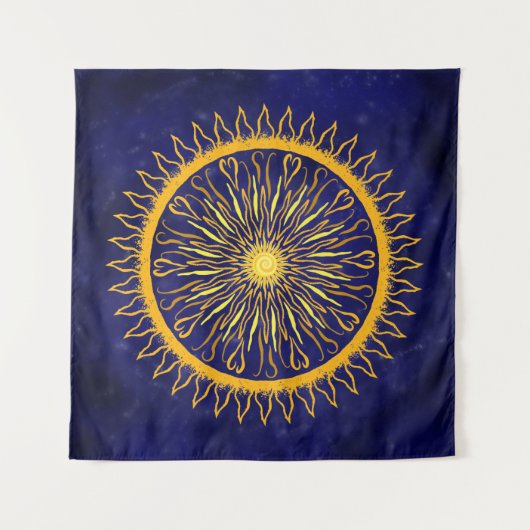 Sun Mandala Gold Oranje op Celestial Blue Wandkleed (Voorkant)