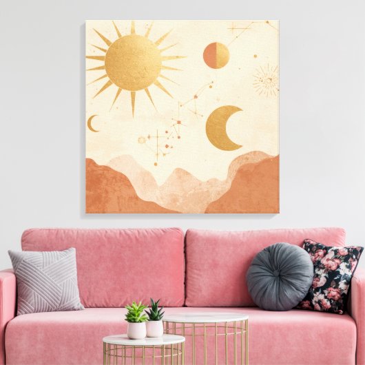 Sun Moon and Stars Wall Art – Celestial Boho Decor Canvas Afdruk (Insitu (Woonkamer))