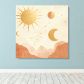 Sun Moon and Stars Wall Art – Celestial Boho Decor Canvas Afdruk (Insitu (Houten vloer))