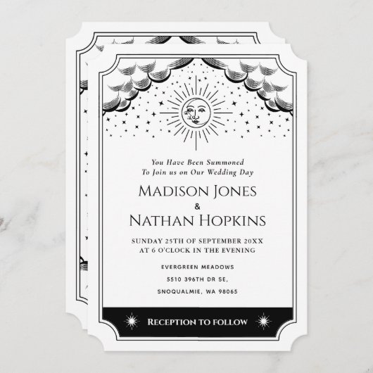 Sun & Moon Black & White Tarot Uitnodiging (Voorkant / Achterkant)