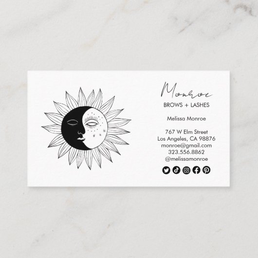 Sun & Moon Boho Line Art Elegante B&W Sociale pict Visitekaartje (Achterkant)