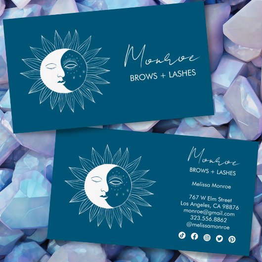 Sun & Moon Boho Line Art Elegante Blauwgroen socia Visitekaartje