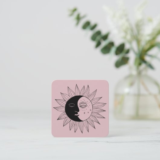 Sun & Moon Boho Line Art Elegante QR Code Roze Vierkante Visitekaartje (Staand voorkant)