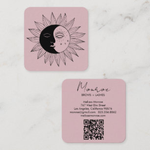 Sun & Moon Boho Line Art Elegante QR Code Roze Vierkante Visitekaartje