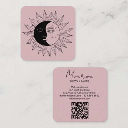 Sun & Moon Boho Line Art Elegante QR Code Roze Vierkante Visitekaartje (Voorkant / Achterkant)