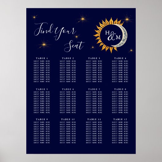 Sun Moon Elegant Monogram Trouwstoel Grafiek Poster (Voorkant)
