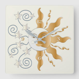 Sun Moon en Stars Clock Vierkante Klok