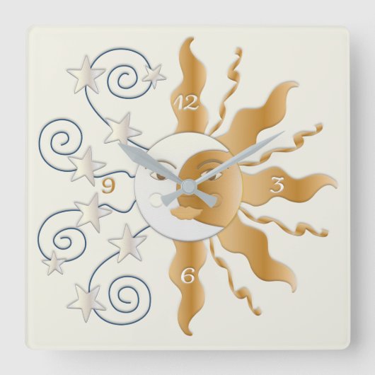 Sun Moon en Stars Clock Vierkante Klok (Voorkant)