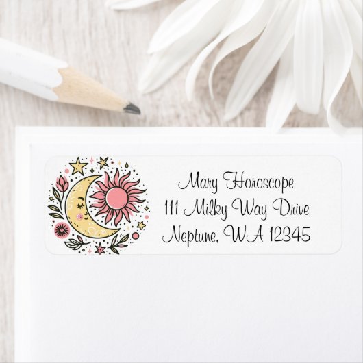 Sun Moon Floral Pink Yellow Zodiac Astrologisch Etiket (Insitu)