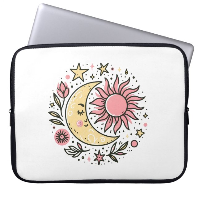 Sun Moon Floral Pink Yellow Zodiac Astrologisch Laptop Sleeve (Voorkant)